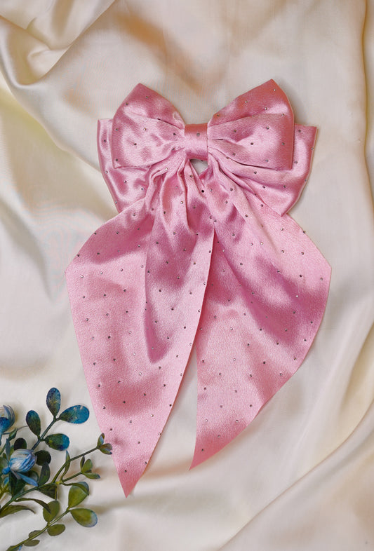 Pink Beaded premium silk long bow