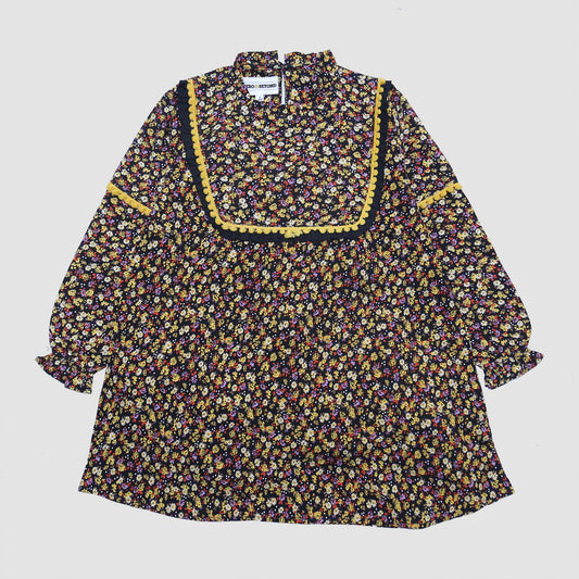 Girls Black Floral Cotton Linen Top