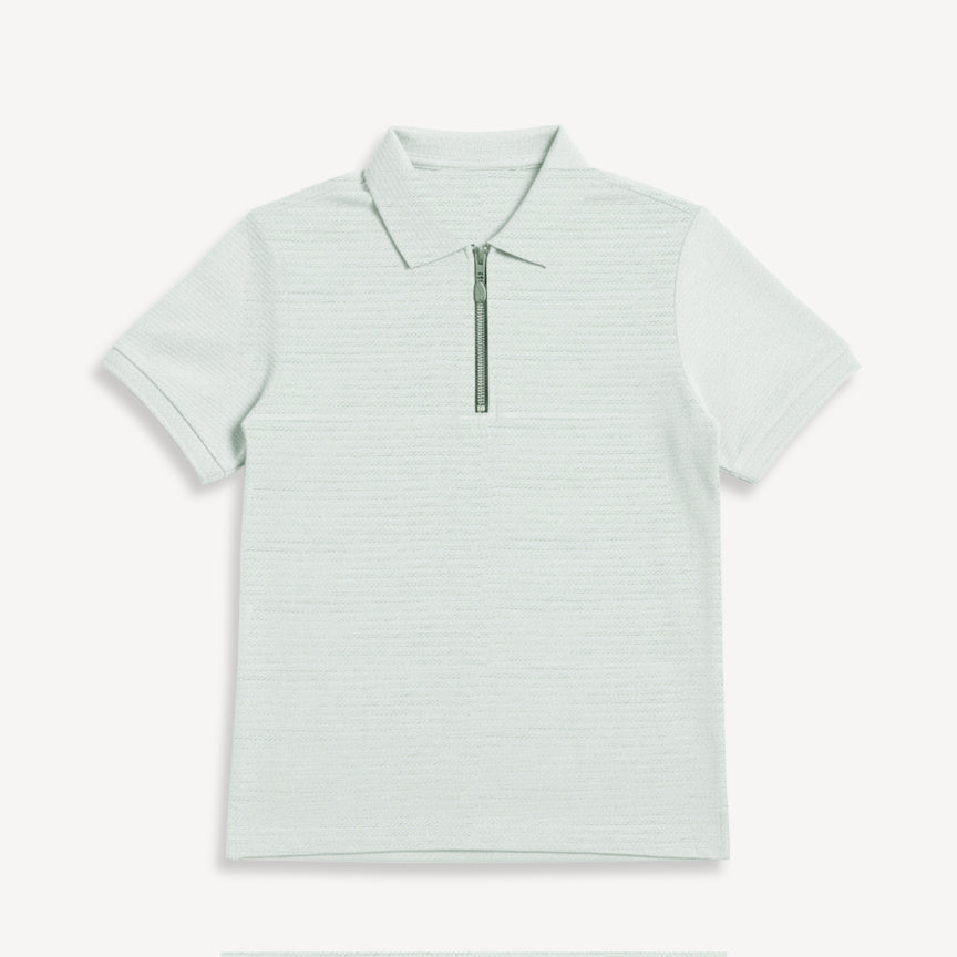 Grey Textured Zipper Polo