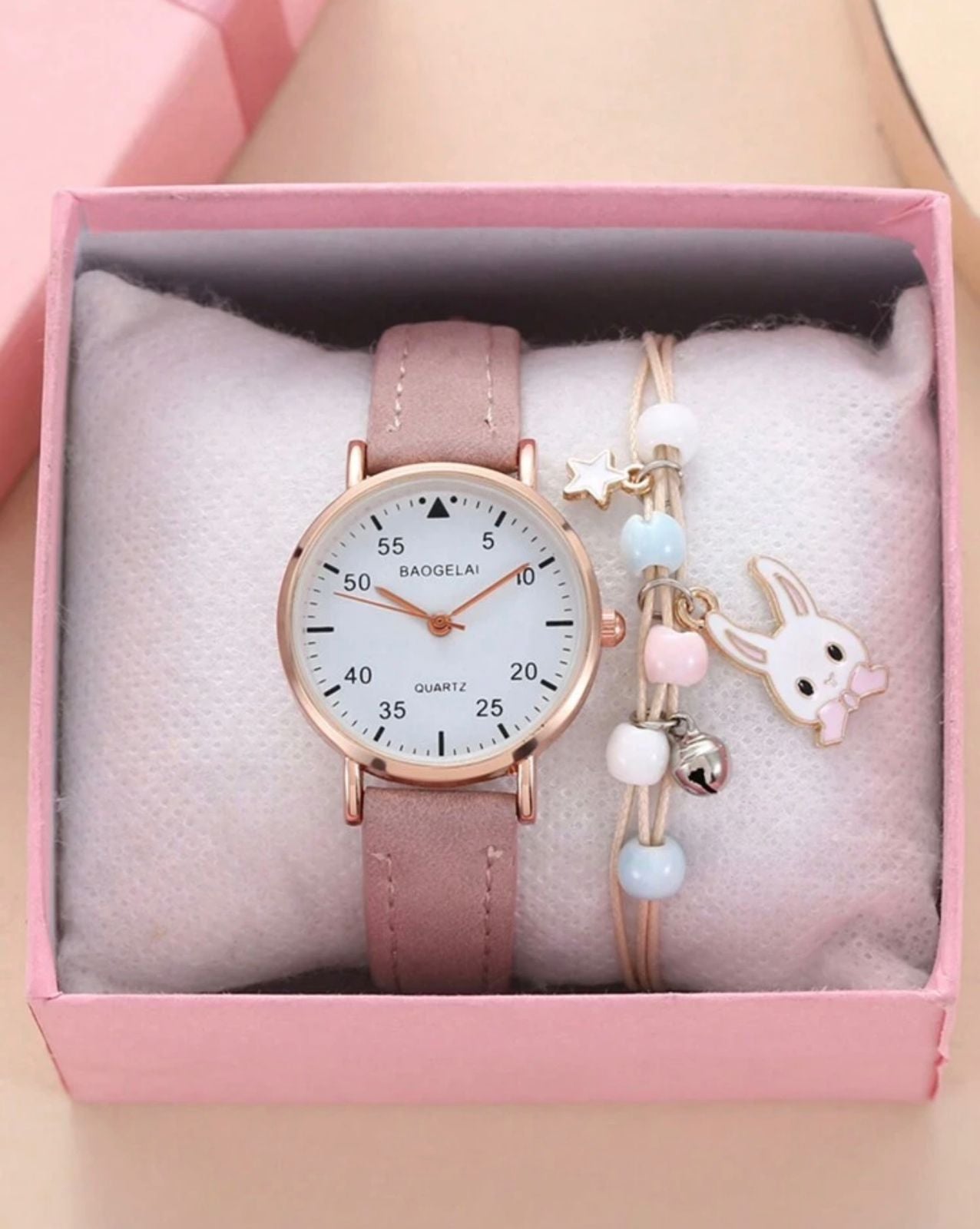 Pink leather strap with bracelet