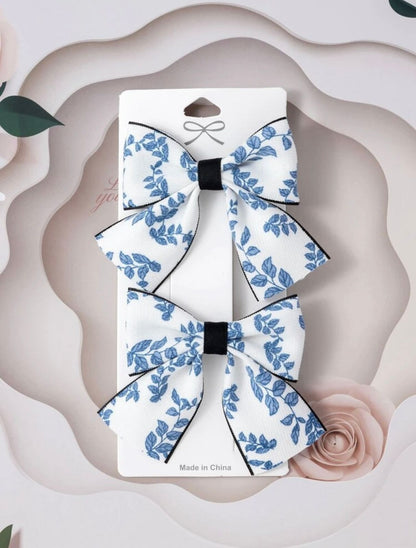 blue floral printed bow decor hairclip