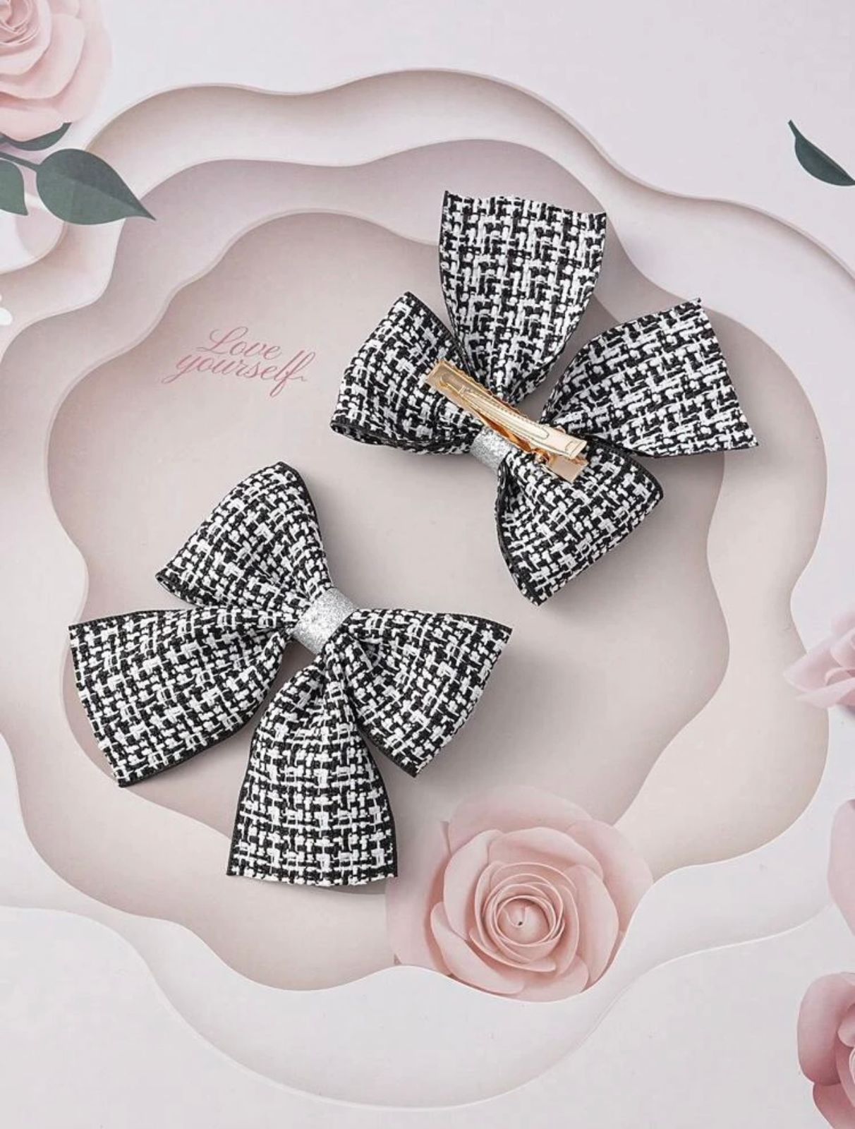 black plaid bow decor hairclip