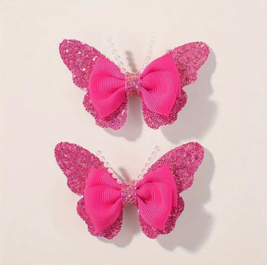 Hot Pink shimmery Butterfly Hairclips