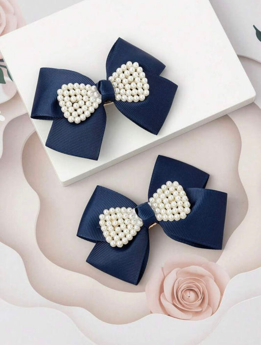 Pearl Embellished Navy Blue Bow Hairclip
