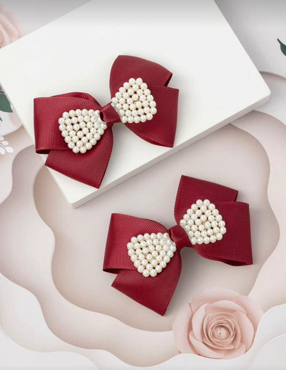 Burgundy faux pearl bow decor hairclip